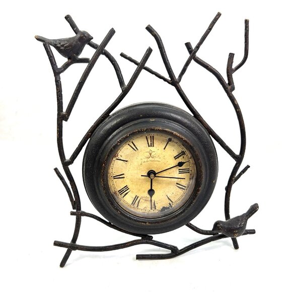 TABLE CLOCK Brown Rustic Cast Iron Vines with Birds Distressed Tested Works - Picture 1 of 7